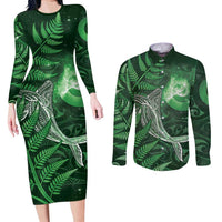 New Zealand Matariki Couples Matching Long Sleeve Bodycon Dress and Long Sleeve Button Shirt Maori Koru With Humpback Whale Green LT05 Green - Polynesian Pride