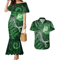 New Zealand Matariki Couples Matching Mermaid Dress and Hawaiian Shirt Maori Koru With Humpback Whale Green LT05 Green - Polynesian Pride
