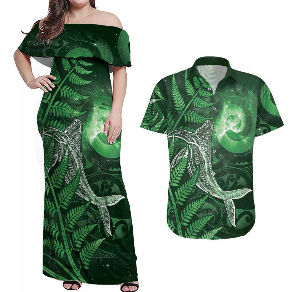 New Zealand Matariki Couples Matching Off Shoulder Maxi Dress and Hawaiian Shirt Maori Koru With Humpback Whale Green LT05 Green - Polynesian Pride