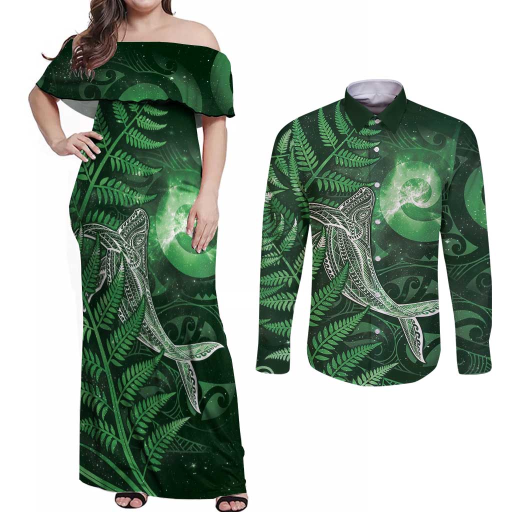 New Zealand Matariki Couples Matching Off Shoulder Maxi Dress and Long Sleeve Button Shirt Maori Koru With Humpback Whale Green