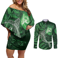 New Zealand Matariki Couples Matching Off Shoulder Short Dress and Long Sleeve Button Shirt Maori Koru With Humpback Whale Green LT05 Green - Polynesian Pride