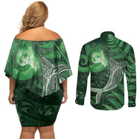 New Zealand Matariki Couples Matching Off Shoulder Short Dress and Long Sleeve Button Shirt Maori Koru With Humpback Whale Green LT05 - Polynesian Pride