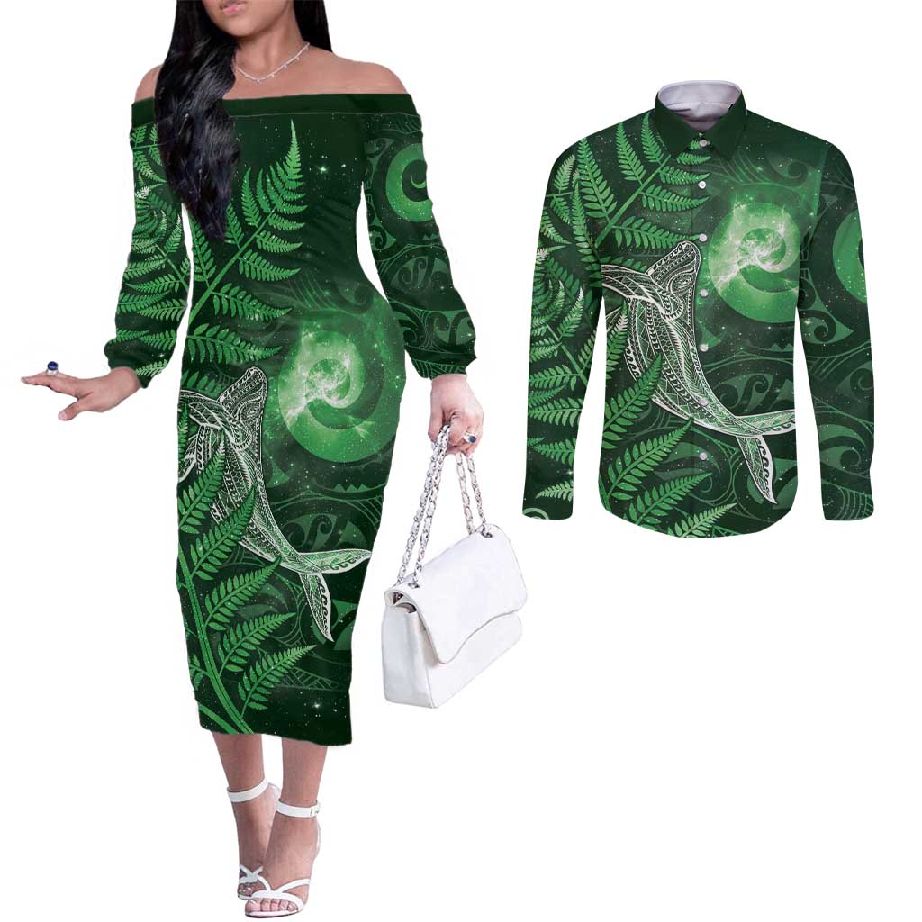 New Zealand Matariki Couples Matching Off The Shoulder Long Sleeve Dress and Long Sleeve Button Shirt Maori Koru With Humpback Whale Green