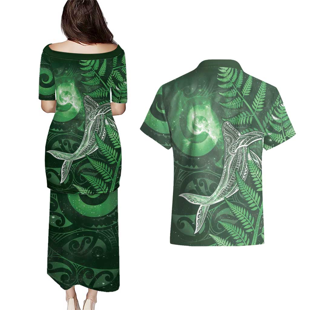 New Zealand Matariki Couples Matching Puletasi and Hawaiian Shirt Maori Koru With Humpback Whale Green LT05 - Polynesian Pride