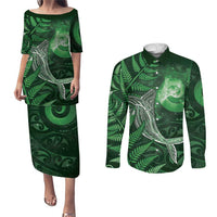 New Zealand Matariki Couples Matching Puletasi and Long Sleeve Button Shirt Maori Koru With Humpback Whale Green