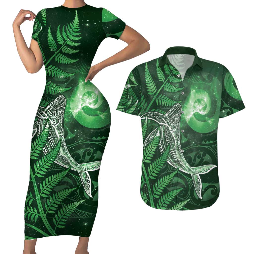 New Zealand Matariki Couples Matching Short Sleeve Bodycon Dress and Hawaiian Shirt Maori Koru With Humpback Whale Green