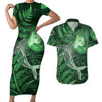 New Zealand Matariki Couples Matching Short Sleeve Bodycon Dress and Hawaiian Shirt Maori Koru With Humpback Whale Green LT05 Green - Polynesian Pride