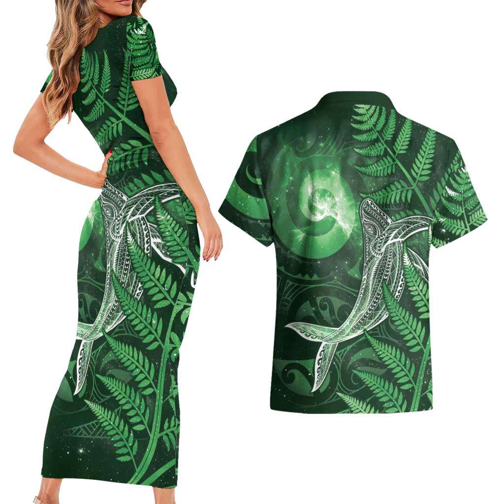 New Zealand Matariki Couples Matching Short Sleeve Bodycon Dress and Hawaiian Shirt Maori Koru With Humpback Whale Green LT05 - Polynesian Pride