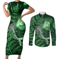 New Zealand Matariki Couples Matching Short Sleeve Bodycon Dress and Long Sleeve Button Shirt Maori Koru With Humpback Whale Green LT05 Green - Polynesian Pride
