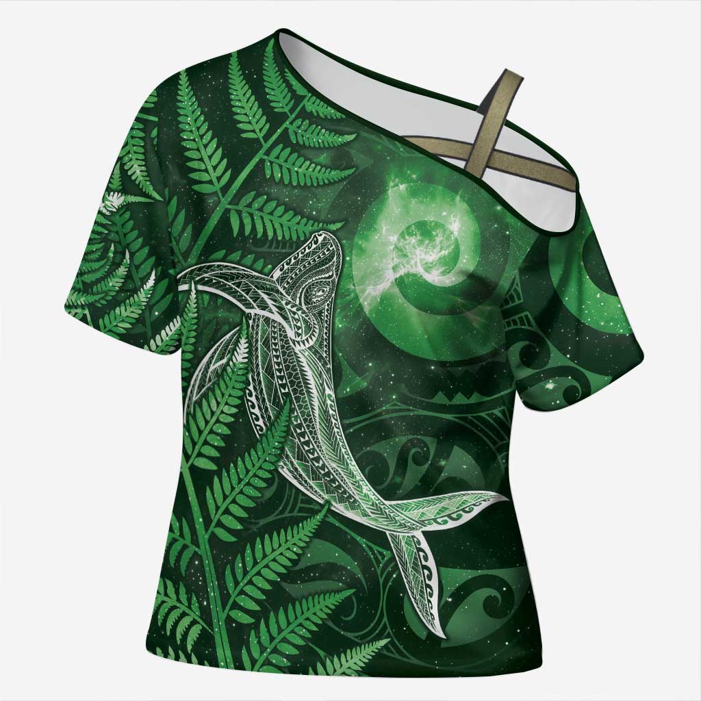 New Zealand Matariki Cross Shoulder Shirt Maori Koru With Humpback Whale Green