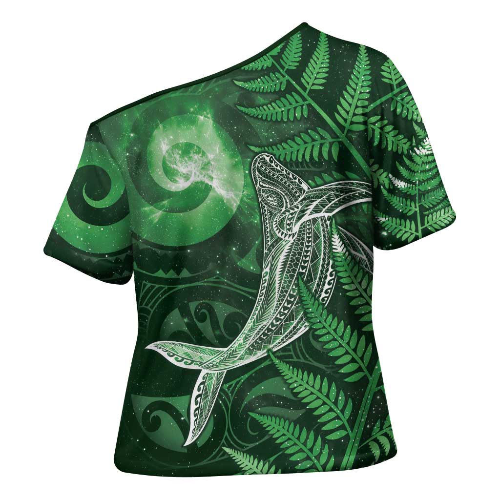 New Zealand Matariki Cross Shoulder Shirt Maori Koru With Humpback Whale Green