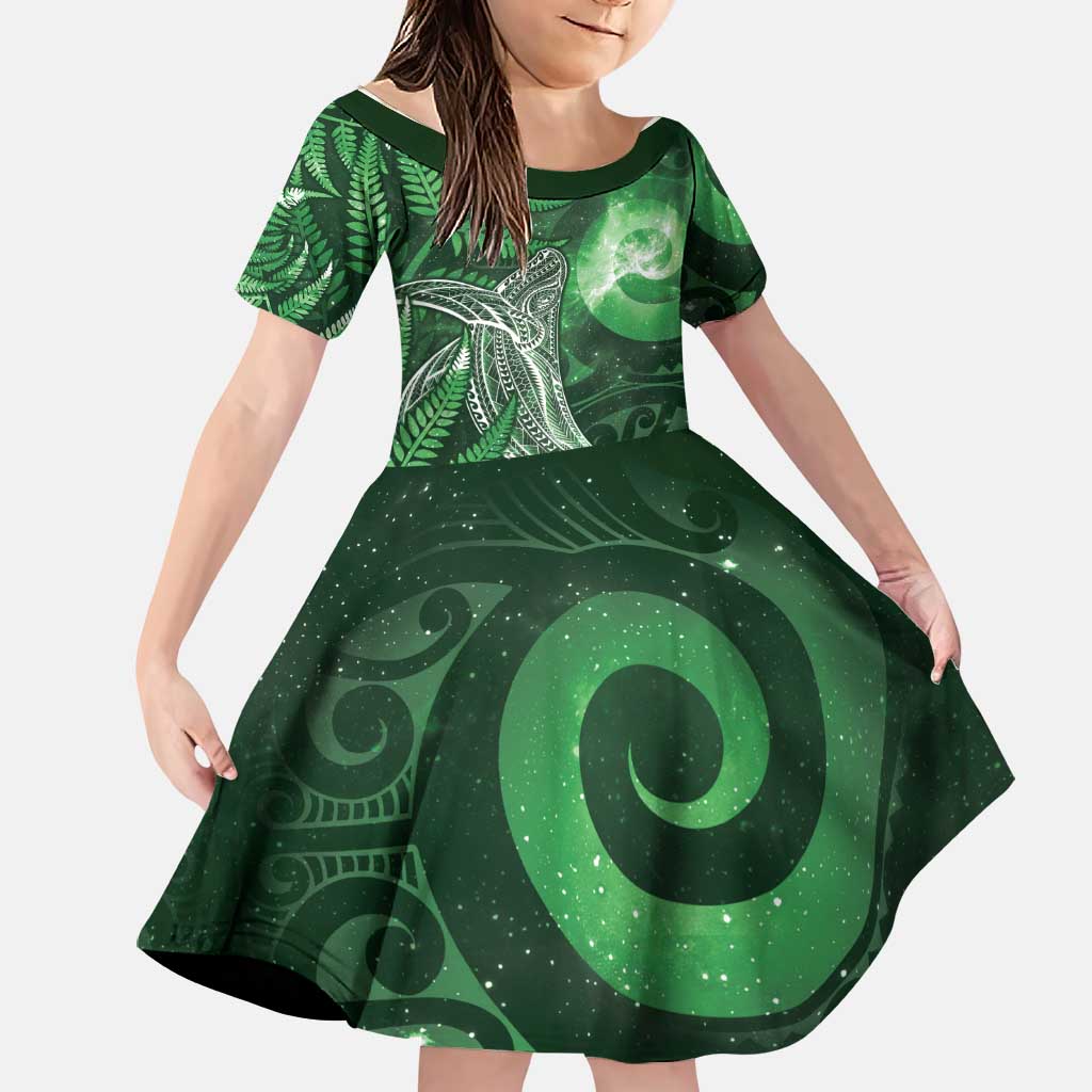 New Zealand Matariki Family Matching Off Shoulder Maxi Dress and Hawaiian Shirt Maori Koru With Humpback Whale Green LT05 Daughter's Dress Green - Polynesian Pride