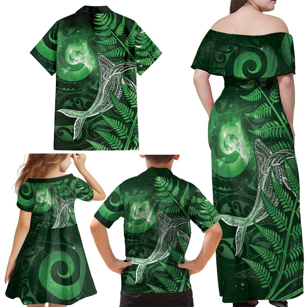 New Zealand Matariki Family Matching Off Shoulder Maxi Dress and Hawaiian Shirt Maori Koru With Humpback Whale Green LT05 - Polynesian Pride