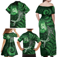 New Zealand Matariki Family Matching Off Shoulder Maxi Dress and Hawaiian Shirt Maori Koru With Humpback Whale Green LT05 - Polynesian Pride
