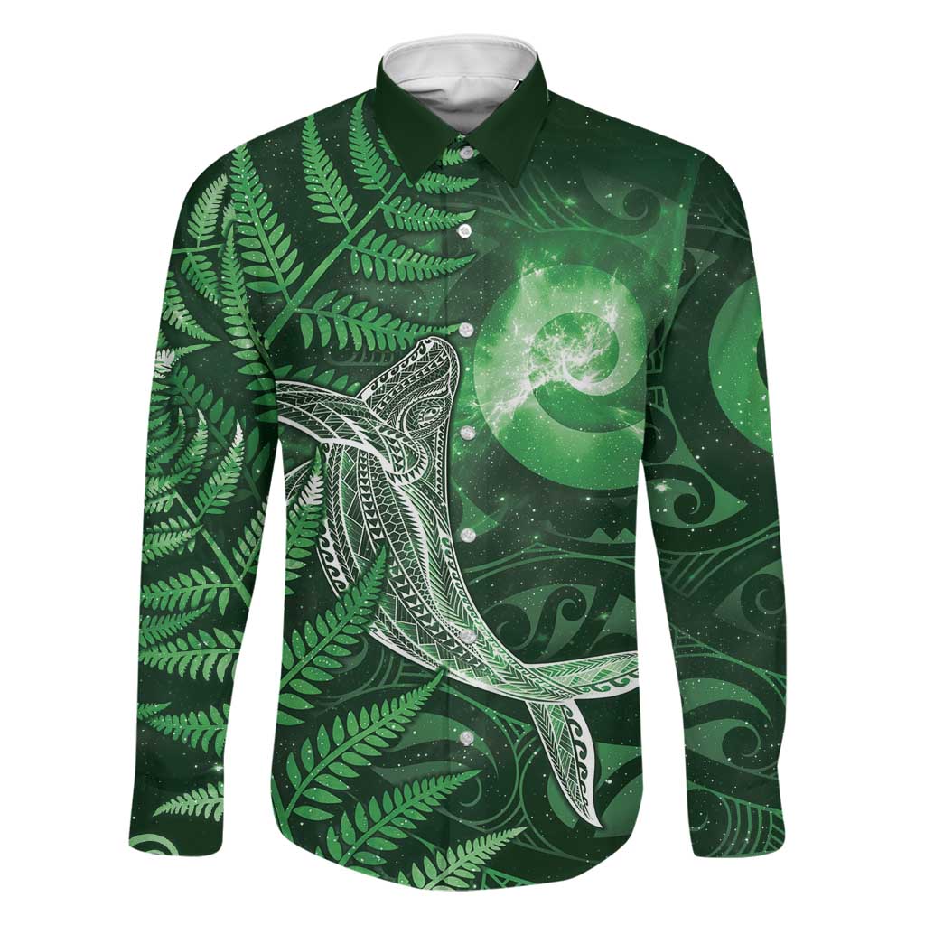 New Zealand Matariki Family Matching Off Shoulder Maxi Dress and Hawaiian Shirt Maori Koru With Humpback Whale Green LT05 Dad's Shirt - Long Sleeve Green - Polynesian Pride