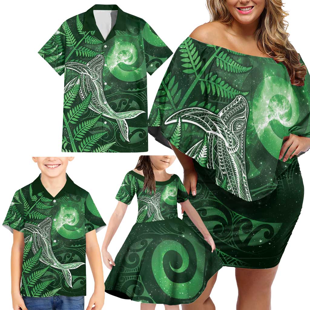 New Zealand Matariki Family Matching Off Shoulder Short Dress and Hawaiian Shirt Maori Koru With Humpback Whale Green LT05 - Polynesian Pride