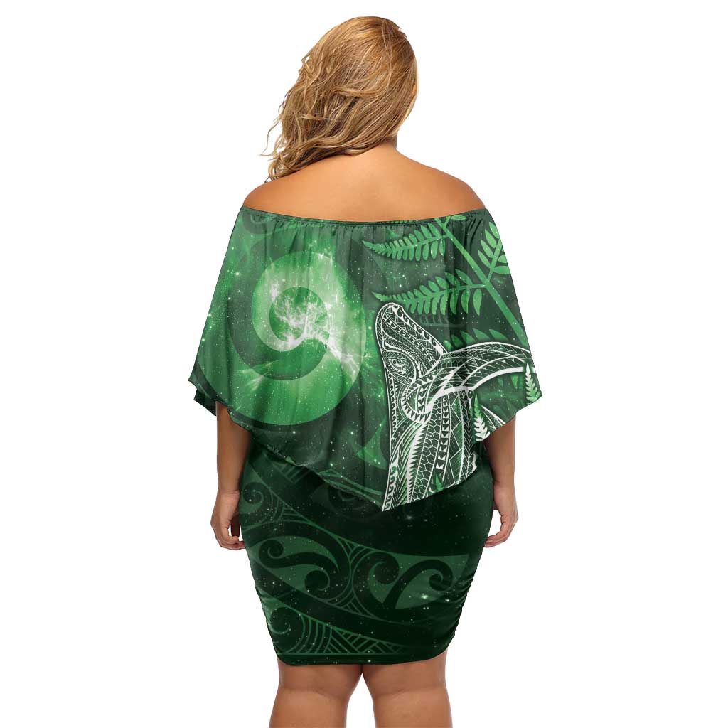 New Zealand Matariki Family Matching Off Shoulder Short Dress and Hawaiian Shirt Maori Koru With Humpback Whale Green LT05 - Polynesian Pride