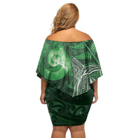New Zealand Matariki Family Matching Off Shoulder Short Dress and Hawaiian Shirt Maori Koru With Humpback Whale Green LT05 - Polynesian Pride
