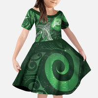 New Zealand Matariki Family Matching Puletasi and Hawaiian Shirt Maori Koru With Humpback Whale Green LT05 Daughter's Dress Green - Polynesian Pride