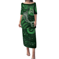 New Zealand Matariki Family Matching Puletasi and Hawaiian Shirt Maori Koru With Humpback Whale Green LT05 Mom's Dress Green - Polynesian Pride