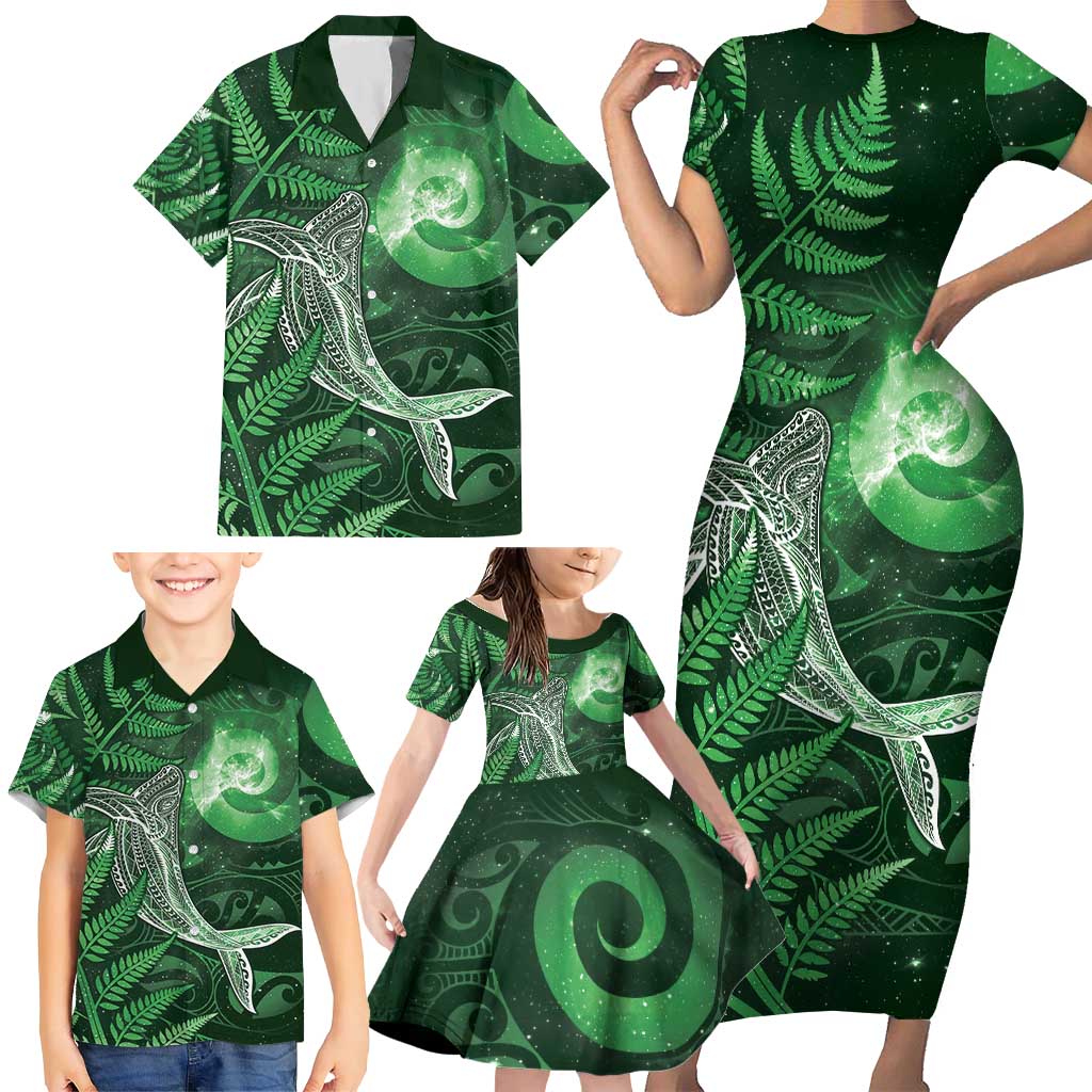 New Zealand Matariki Family Matching Short Sleeve Bodycon Dress and Hawaiian Shirt Maori Koru With Humpback Whale Green LT05 - Polynesian Pride