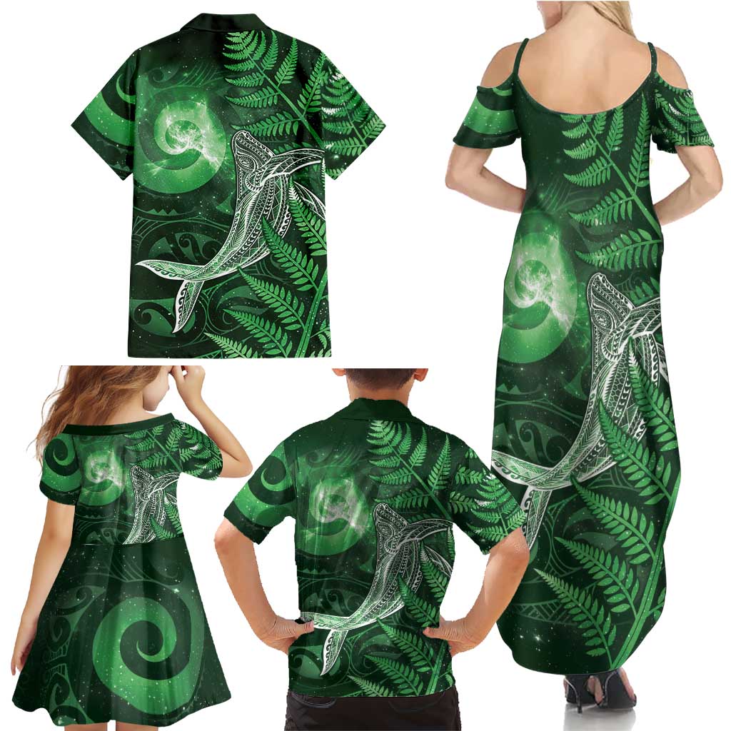 New Zealand Matariki Family Matching Summer Maxi Dress and Hawaiian Shirt Maori Koru With Humpback Whale Green LT05 - Polynesian Pride