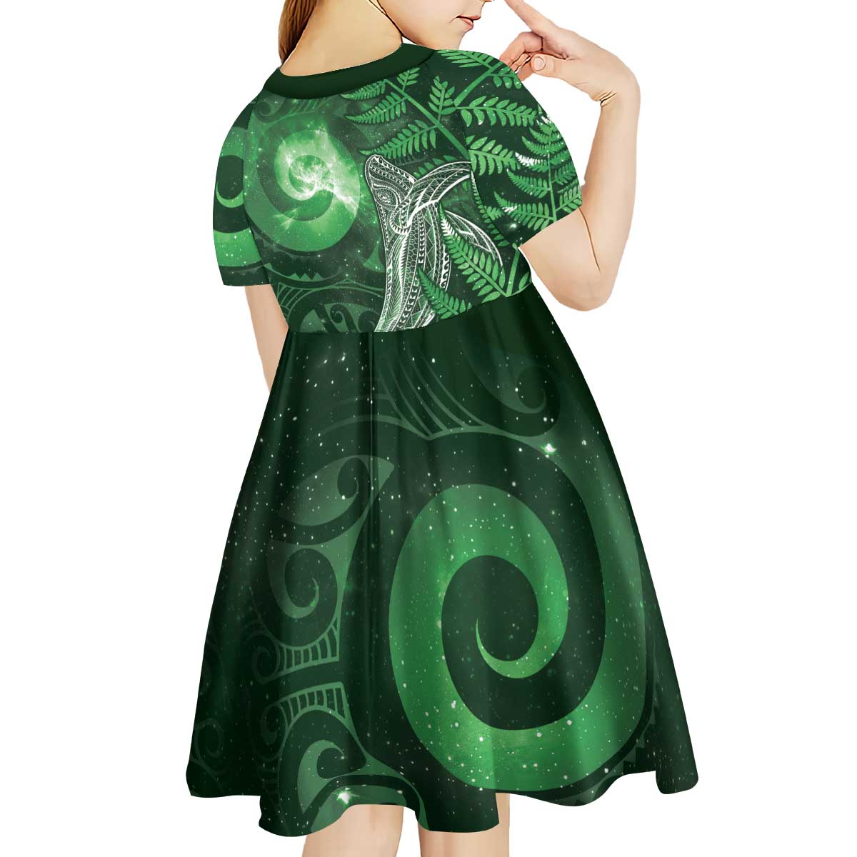 New Zealand Matariki Kid Short Sleeve Dress Maori Koru With Humpback Whale Green