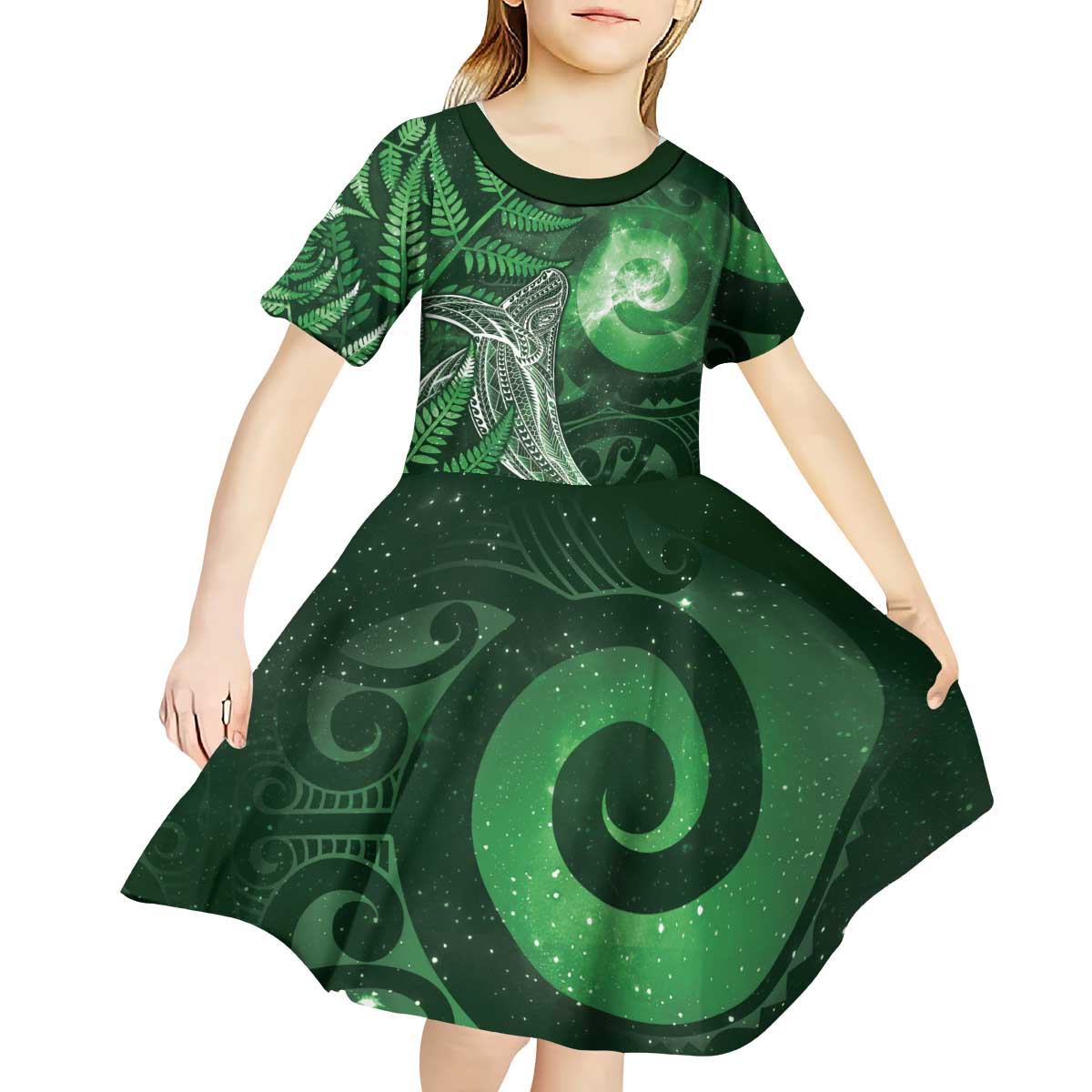 New Zealand Matariki Kid Short Sleeve Dress Maori Koru With Humpback Whale Green