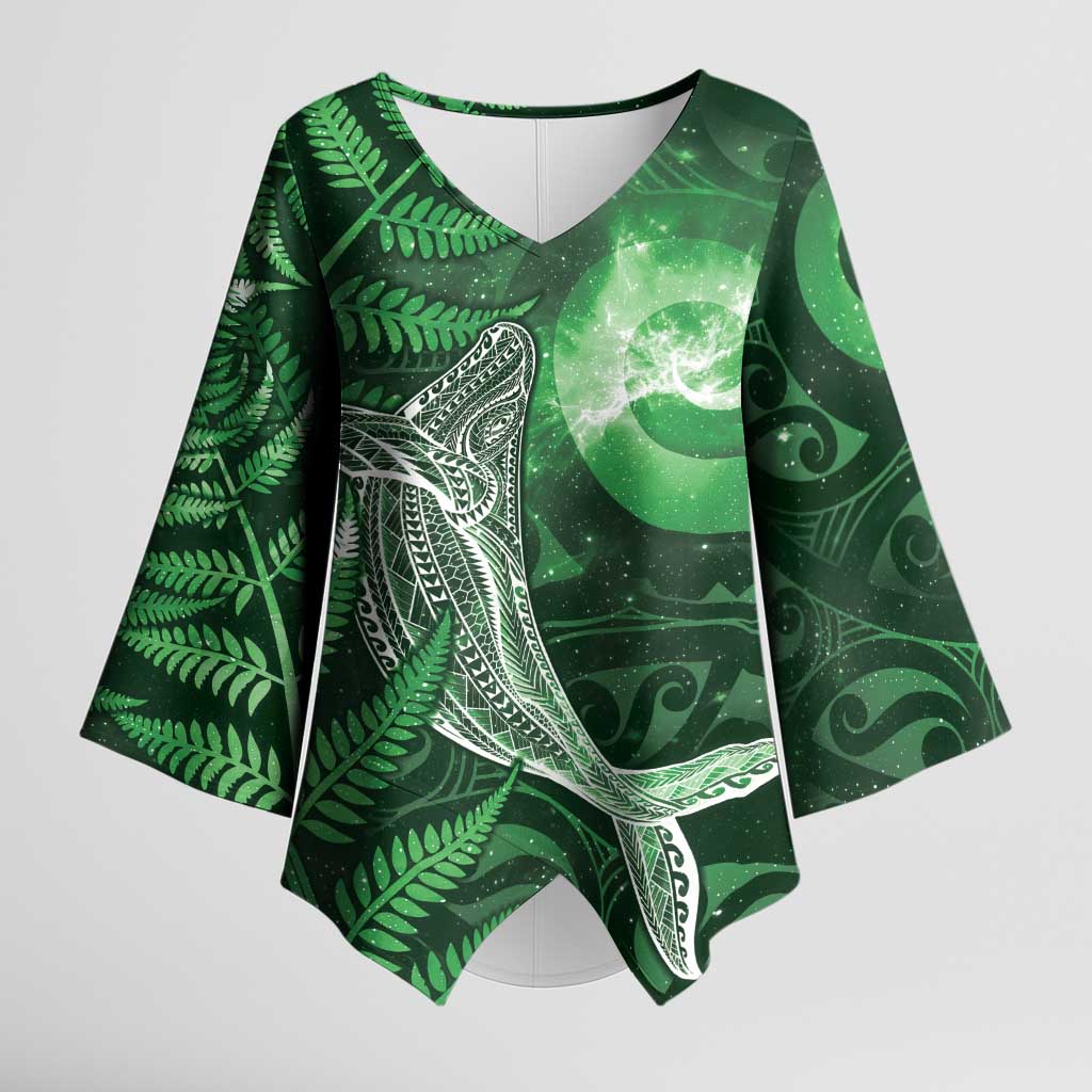 New Zealand Matariki Kimono Sleeve Blouse Maori Koru With Humpback Whale Green