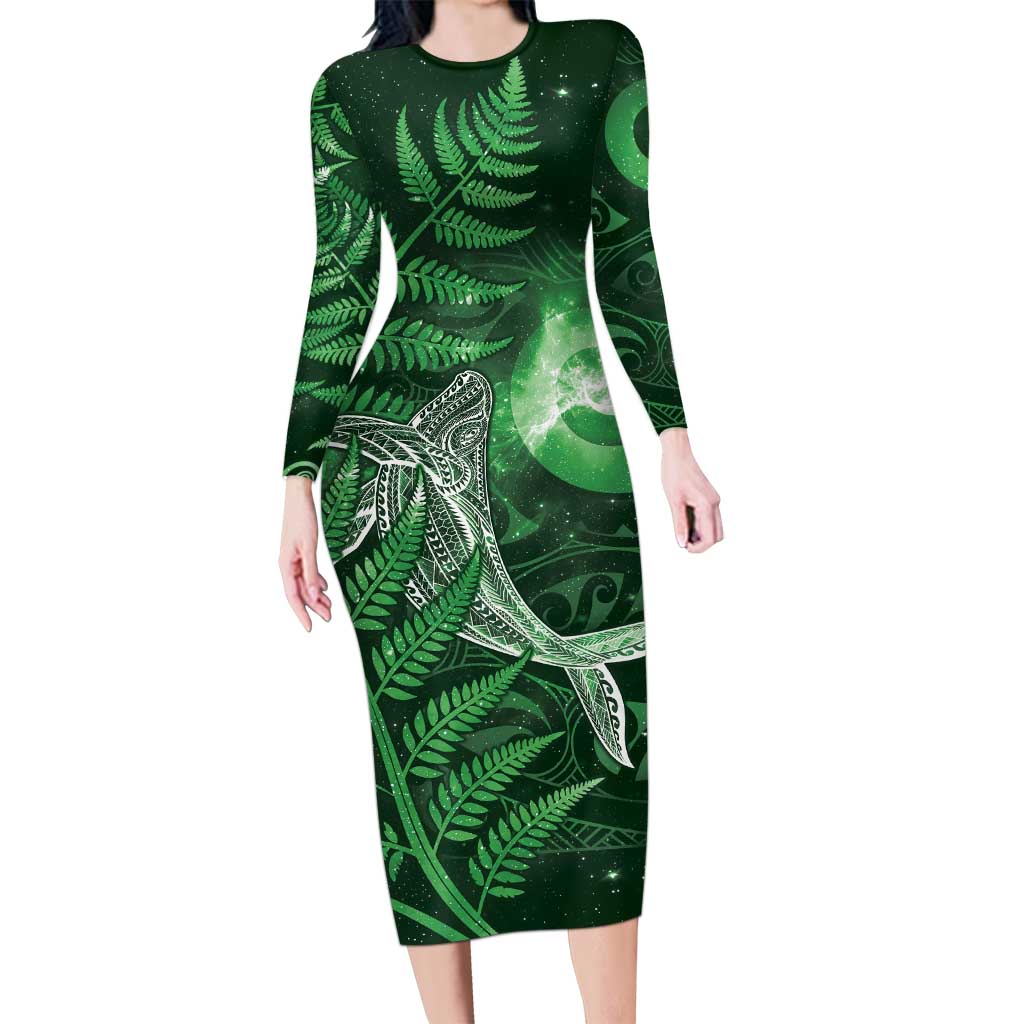 New Zealand Matariki Long Sleeve Bodycon Dress Maori Koru With Humpback Whale Green