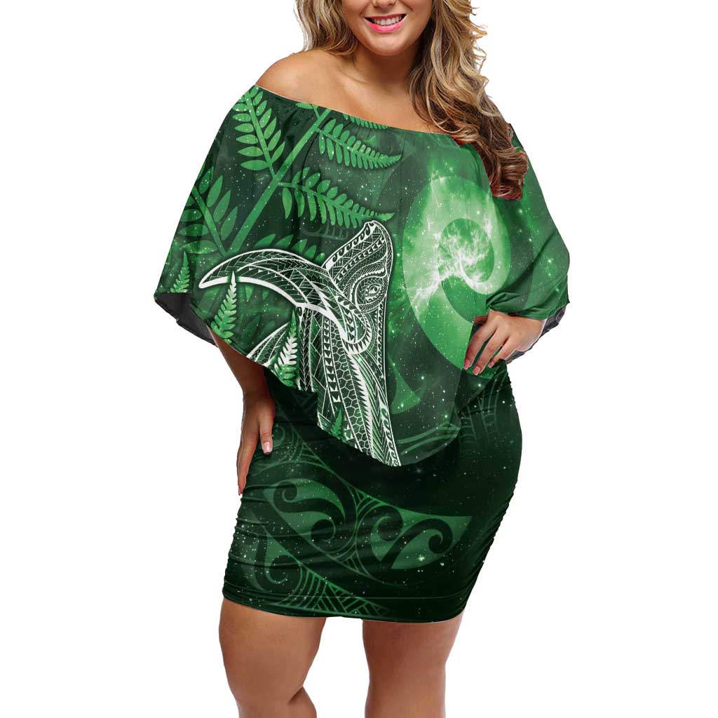 New Zealand Matariki Off Shoulder Short Dress Maori Koru With Humpback Whale Green