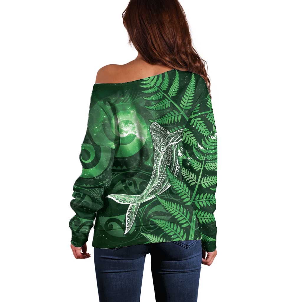 New Zealand Matariki Off Shoulder Sweater Maori Koru With Humpback Whale Green