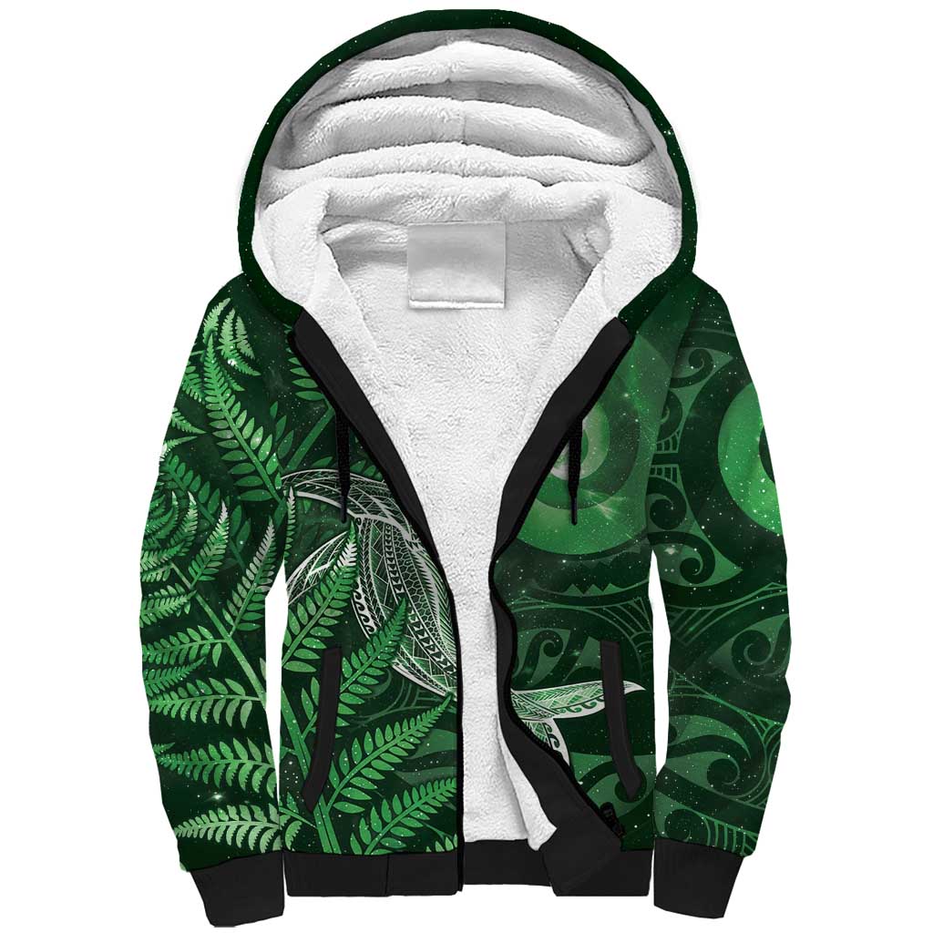 New Zealand Matariki Sherpa Hoodie Maori Koru With Humpback Whale Green