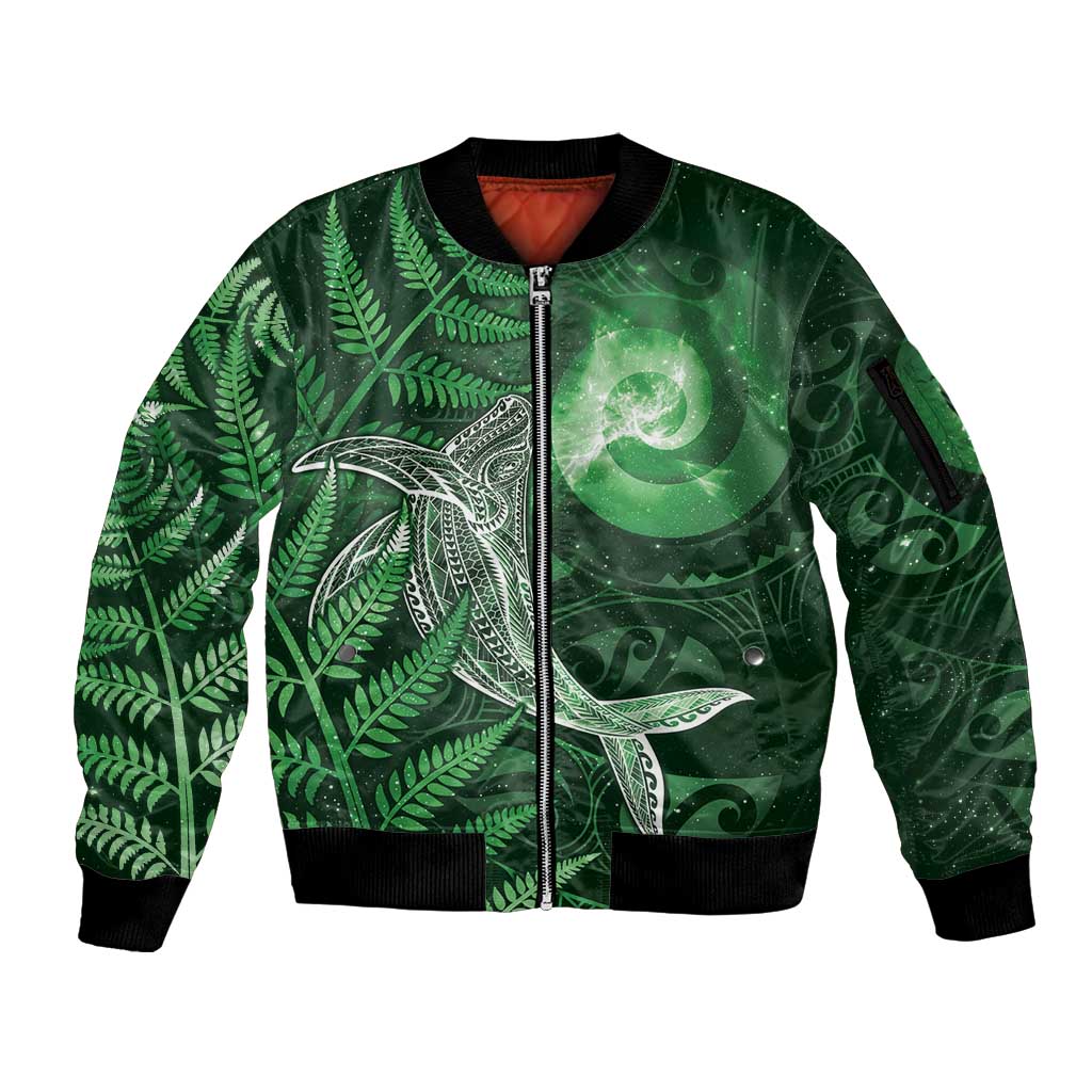New Zealand Matariki Sleeve Zip Bomber Jacket Maori Koru With Humpback Whale Green