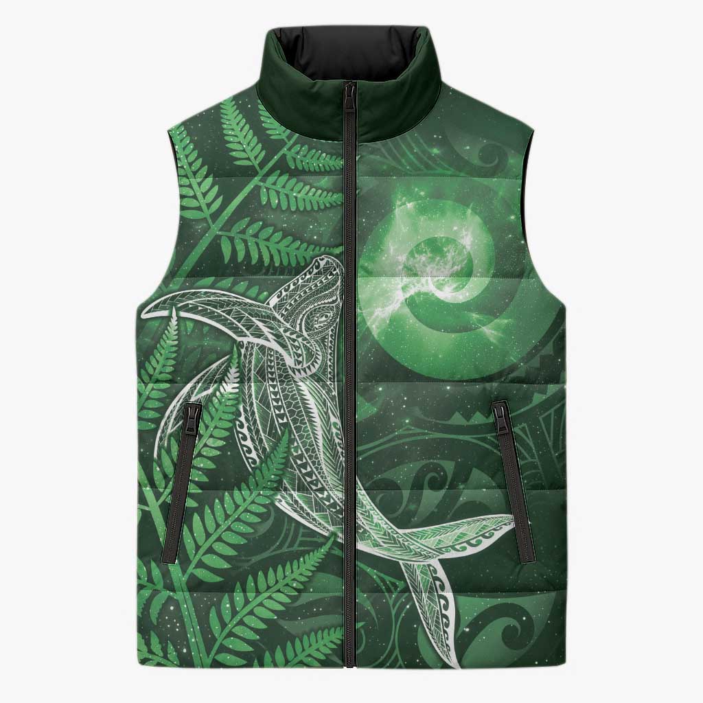 New Zealand Matariki Sleeveless Puffer Jacket Maori Koru With Humpback Whale Green