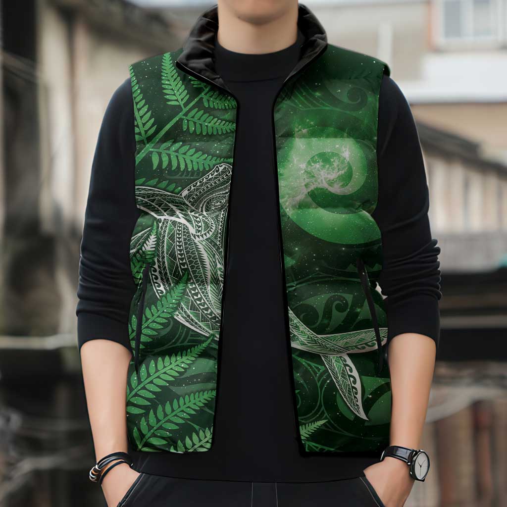 New Zealand Matariki Sleeveless Puffer Jacket Maori Koru With Humpback Whale Green