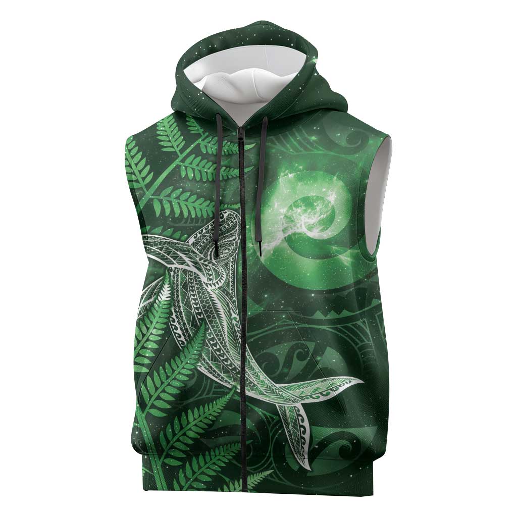 New Zealand Matariki Sleeveless Zip Hoodie Maori Koru With Humpback Whale Green