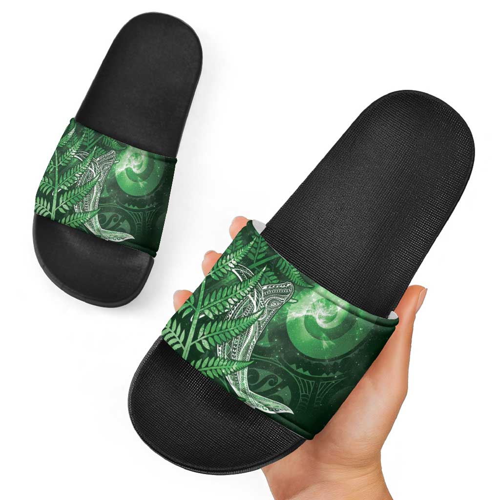 New Zealand Matariki Slide Sandals Maori Koru With Humpback Whale Green