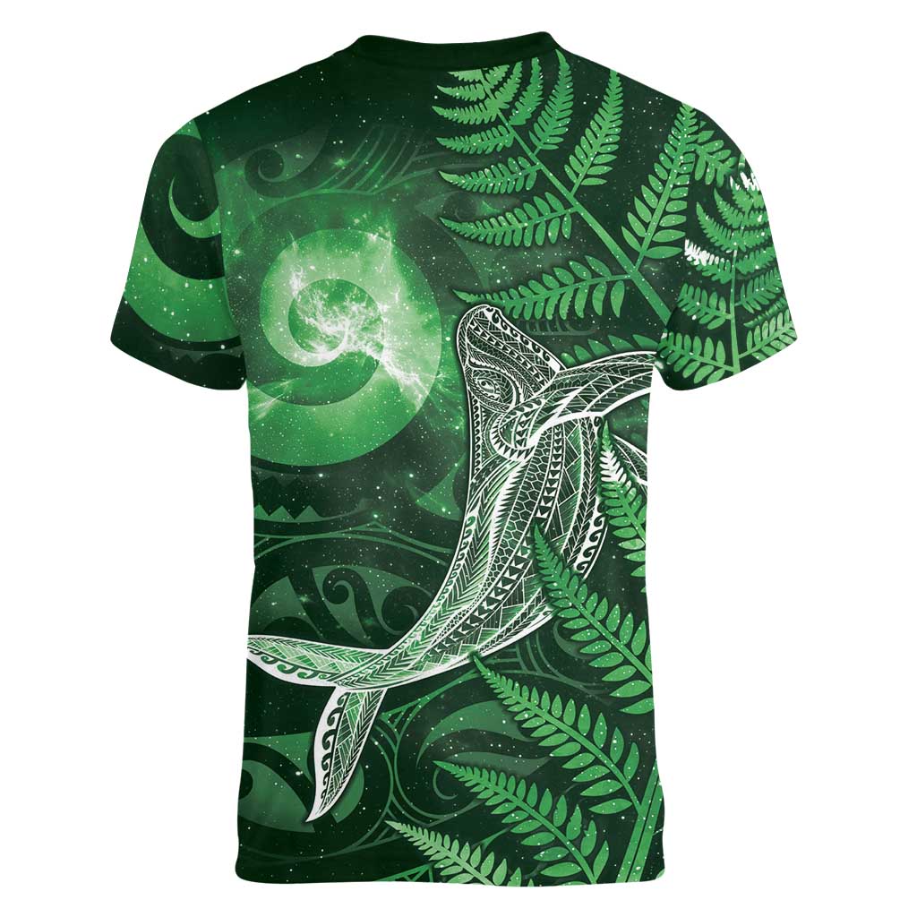 New Zealand Matariki Women V-Neck T-Shirt Maori Koru With Humpback Whale Green LT05 - Polynesian Pride