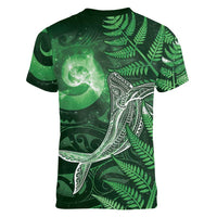 New Zealand Matariki Women V-Neck T-Shirt Maori Koru With Humpback Whale Green LT05 - Polynesian Pride