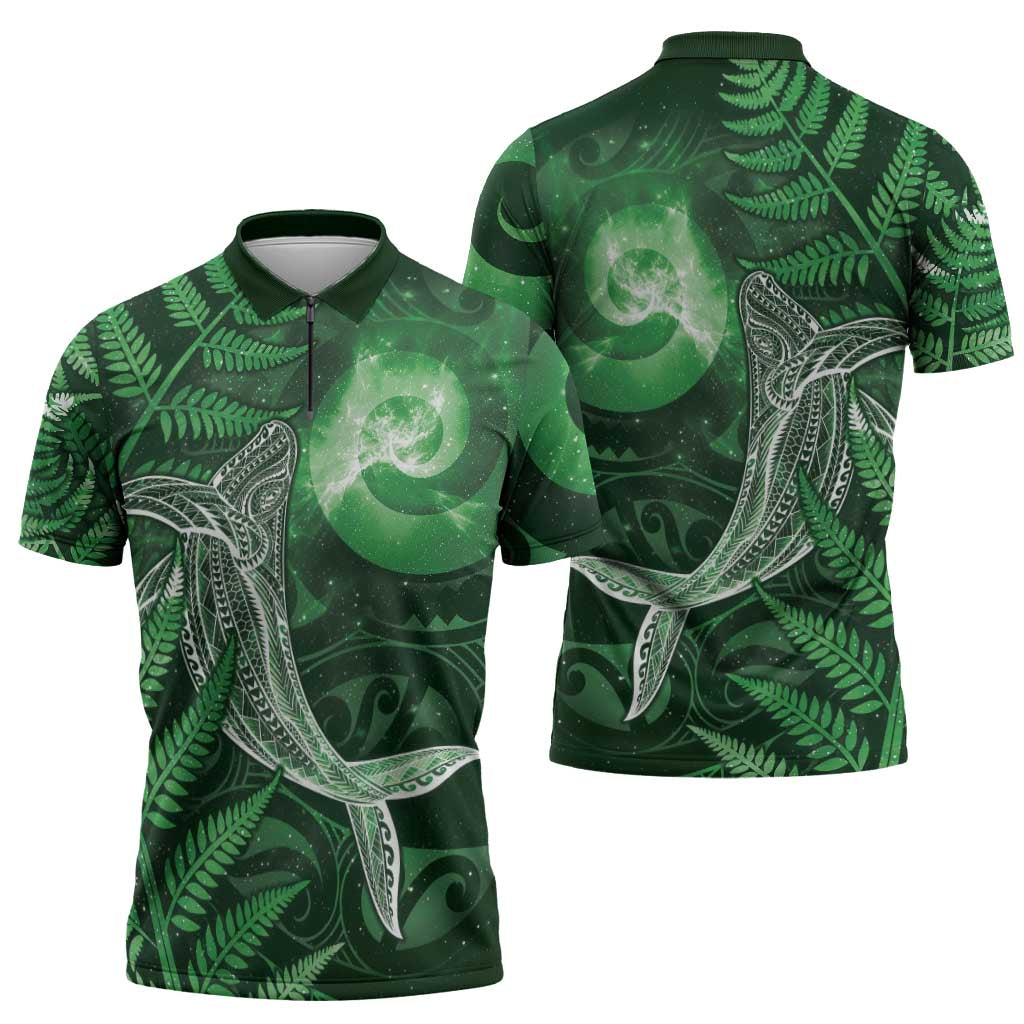 New Zealand Matariki Zipper Polo Shirt Maori Koru With Humpback Whale Green
