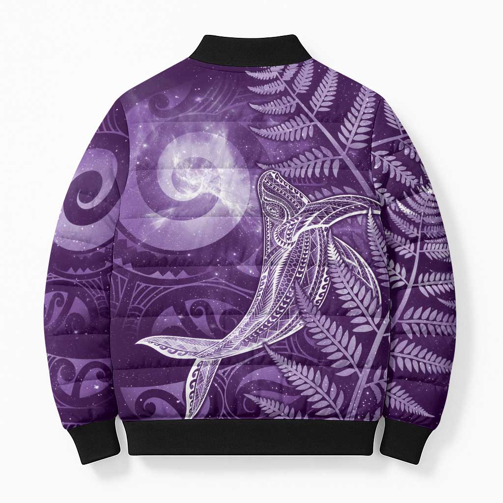 New Zealand Matariki Bomber Puffer Jacket Maori Koru With Humpback Whale Purple