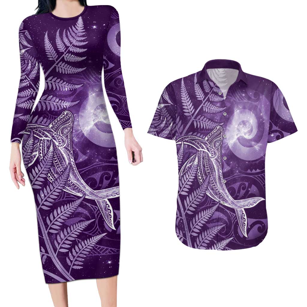 New Zealand Matariki Couples Matching Long Sleeve Bodycon Dress and Hawaiian Shirt Maori Koru With Humpback Whale Purple