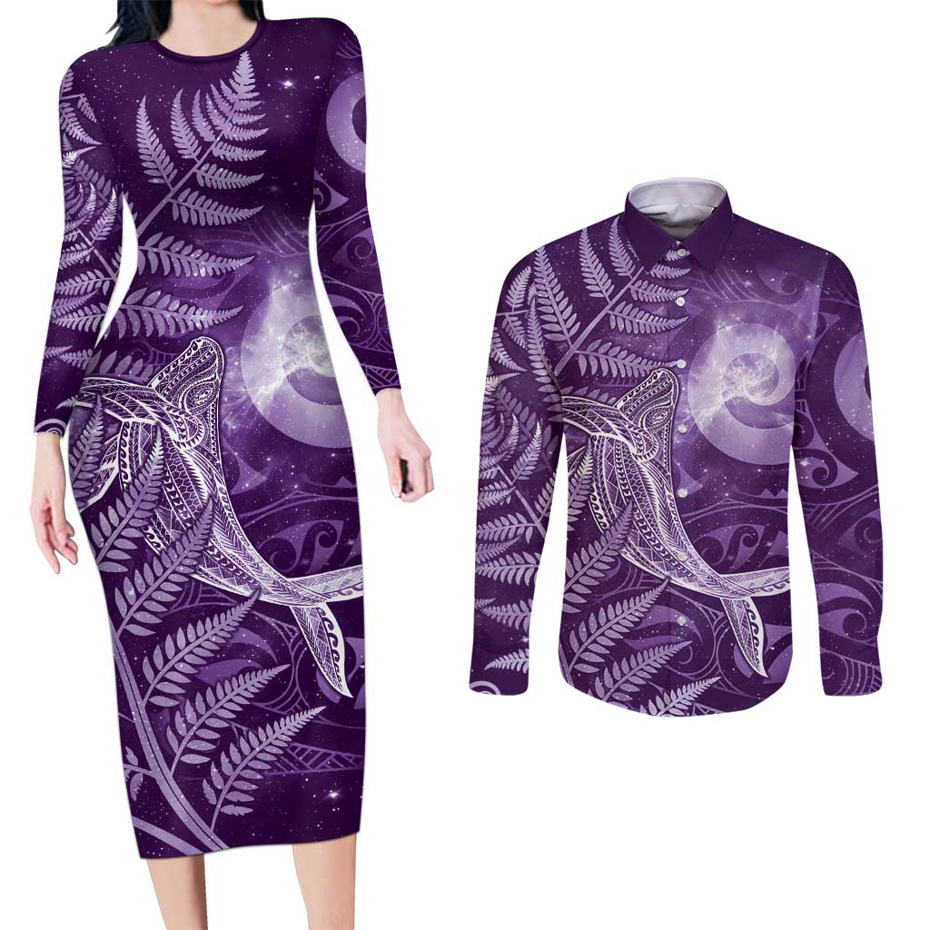 New Zealand Matariki Couples Matching Long Sleeve Bodycon Dress and Long Sleeve Button Shirt Maori Koru With Humpback Whale Purple LT05 Purple - Polynesian Pride
