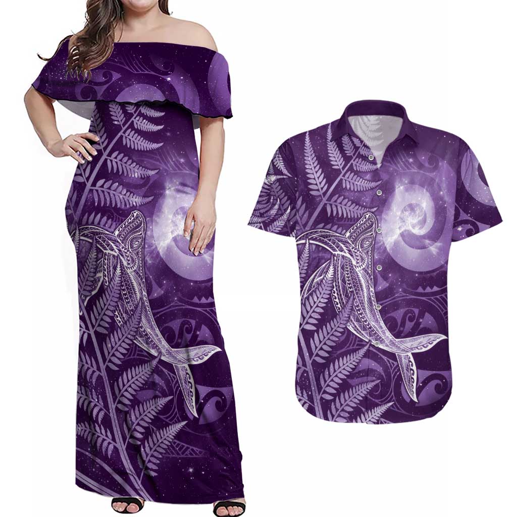 New Zealand Matariki Couples Matching Off Shoulder Maxi Dress and Hawaiian Shirt Maori Koru With Humpback Whale Purple LT05 Purple - Polynesian Pride