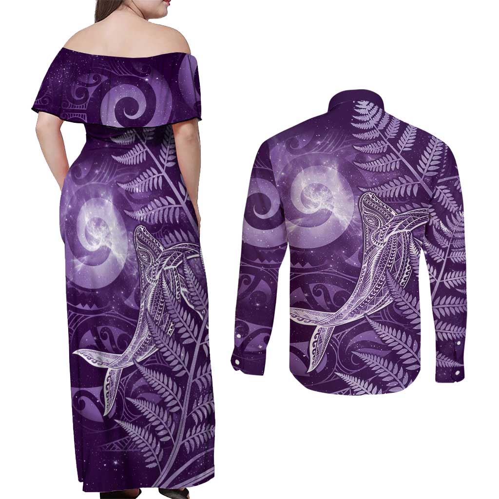 New Zealand Matariki Couples Matching Off Shoulder Maxi Dress and Long Sleeve Button Shirt Maori Koru With Humpback Whale Purple LT05 - Polynesian Pride