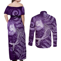 New Zealand Matariki Couples Matching Off Shoulder Maxi Dress and Long Sleeve Button Shirt Maori Koru With Humpback Whale Purple LT05 - Polynesian Pride
