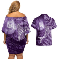 New Zealand Matariki Couples Matching Off Shoulder Short Dress and Hawaiian Shirt Maori Koru With Humpback Whale Purple LT05 - Polynesian Pride