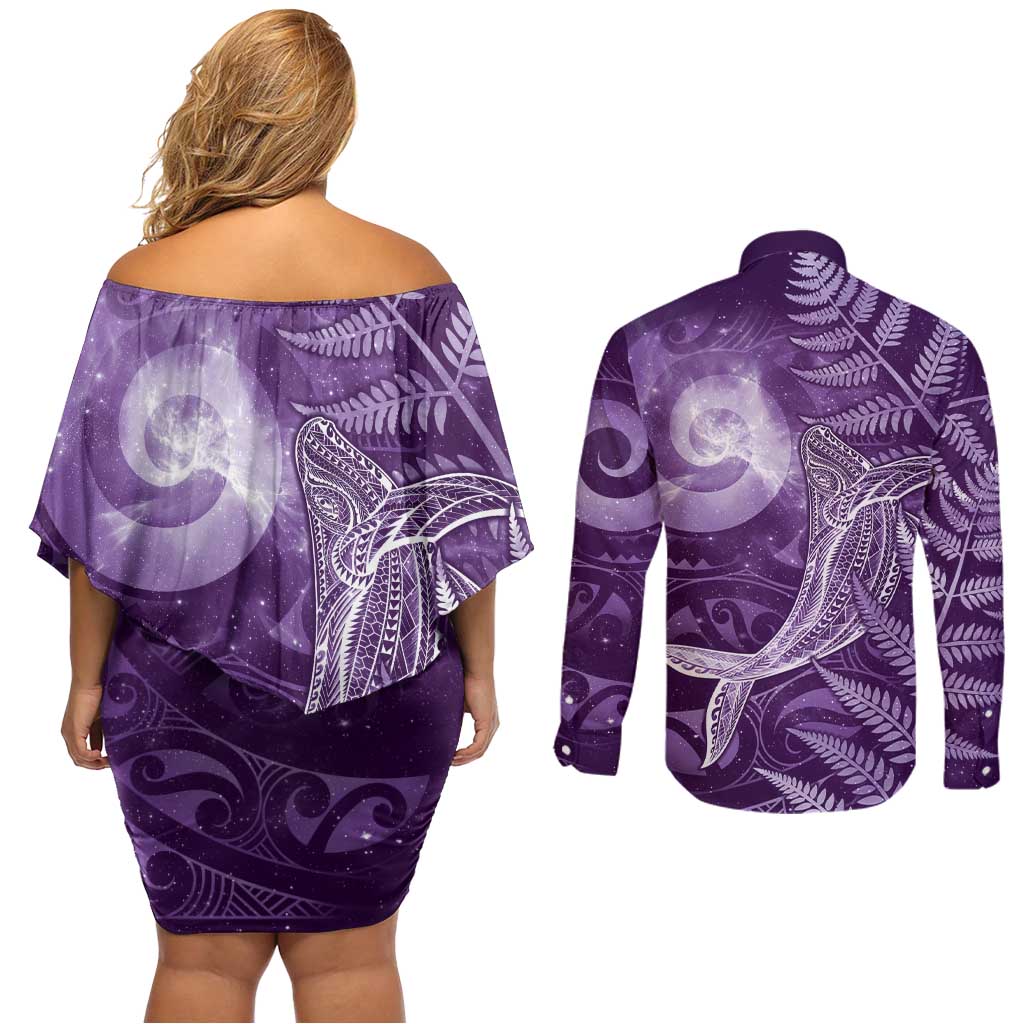 New Zealand Matariki Couples Matching Off Shoulder Short Dress and Long Sleeve Button Shirt Maori Koru With Humpback Whale Purple LT05 - Polynesian Pride