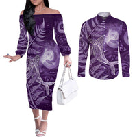 New Zealand Matariki Couples Matching Off The Shoulder Long Sleeve Dress and Long Sleeve Button Shirt Maori Koru With Humpback Whale Purple LT05 Purple - Polynesian Pride